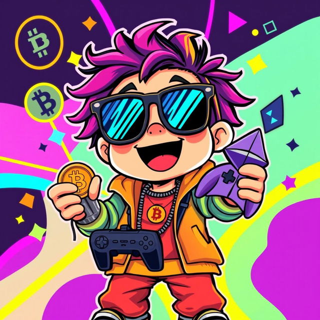 A humorous and vibrant illustration of a playful, cartoonish character representing a 'degen' culture, wearing oversized sunglasses and a colorful streetwear outfit