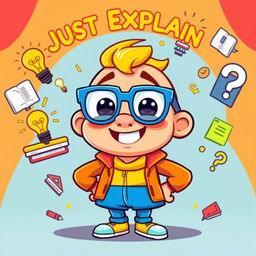 A vibrant and engaging cartoon character named Just Explain, designed with a quirky personality