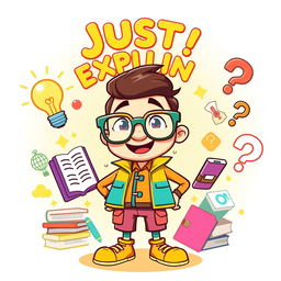 A vibrant and engaging cartoon character named Just Explain, designed with a quirky personality