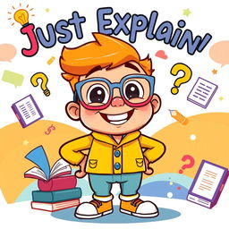 A vibrant and engaging cartoon character named Just Explain, designed with a quirky personality