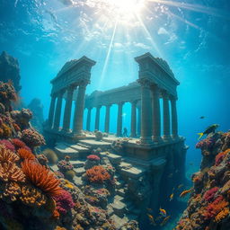 A breathtaking underwater scene featuring the ruins of an ancient lost city, submerged beneath crystal-clear blue waters