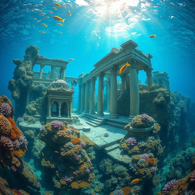 A breathtaking underwater scene featuring the ruins of an ancient lost city, submerged beneath crystal-clear blue waters