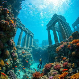 A breathtaking underwater scene featuring the ruins of an ancient lost city, submerged beneath crystal-clear blue waters