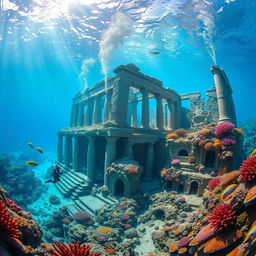 A breathtaking underwater scene featuring the ruins of an ancient lost city, submerged beneath crystal-clear blue waters