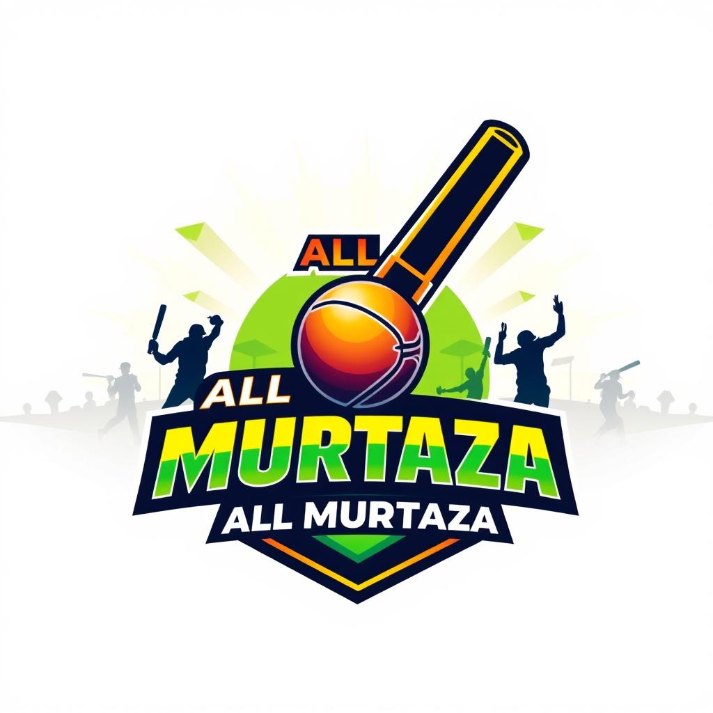 A vibrant and dynamic logo for a cricket team named 'ALL MURTAZA', featuring a stylized cricket bat and ball at the center