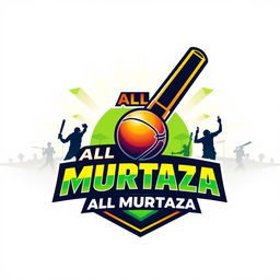 A vibrant and dynamic logo for a cricket team named 'ALL MURTAZA', featuring a stylized cricket bat and ball at the center