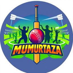 A vibrant and dynamic logo for a cricket team named 'ALL MURTAZA', featuring a stylized cricket bat and ball at the center