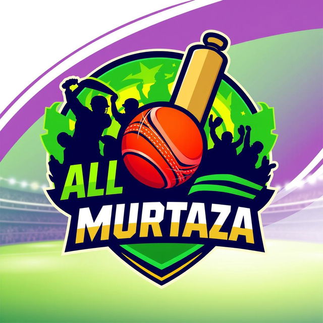 A vibrant and dynamic logo for a cricket team named 'ALL MURTAZA', featuring a stylized cricket bat and ball at the center