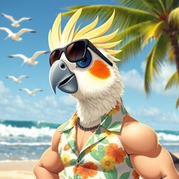 A vibrant cockatiel bird depicted as a confident Chad, sporting stylish sunglasses and a trendy hairstyle, wearing a Hawaiian shirt and showing off a muscular physique