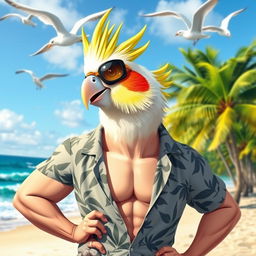 A vibrant cockatiel bird depicted as a confident Chad, sporting stylish sunglasses and a trendy hairstyle, wearing a Hawaiian shirt and showing off a muscular physique