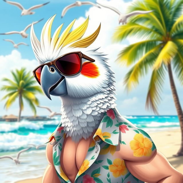 A vibrant cockatiel bird depicted as a confident Chad, sporting stylish sunglasses and a trendy hairstyle, wearing a Hawaiian shirt and showing off a muscular physique