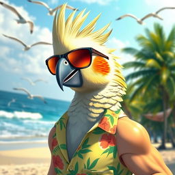 A vibrant cockatiel bird depicted as a confident Chad, sporting stylish sunglasses and a trendy hairstyle, wearing a Hawaiian shirt and showing off a muscular physique