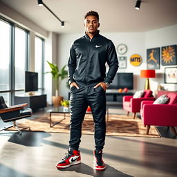 A striking image of a male football player resembling a famous athlete, dressed in a sleek black Nike tracksuit paired with eye-catching Jordan Retro 4 sneakers