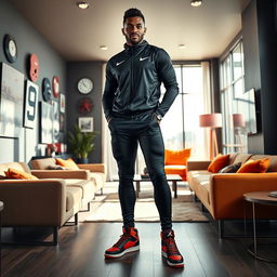 A striking image of a male football player resembling a famous athlete, dressed in a sleek black Nike tracksuit paired with eye-catching Jordan Retro 4 sneakers