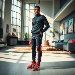 A striking image of a male football player resembling a famous athlete, dressed in a sleek black Nike tracksuit paired with eye-catching Jordan Retro 4 sneakers