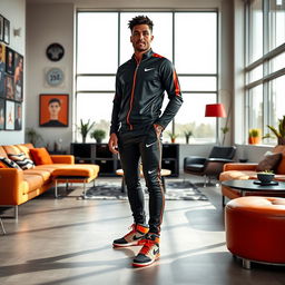 A striking image of a male football player resembling a famous athlete, dressed in a sleek black Nike tracksuit paired with eye-catching Jordan Retro 4 sneakers