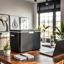 A sleek two-piece cooler designed for a stylish modern workspace, featuring a matte black finish with polished silver accents