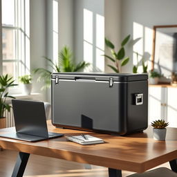 A sleek two-piece cooler designed for a stylish modern workspace, featuring a matte black finish with polished silver accents