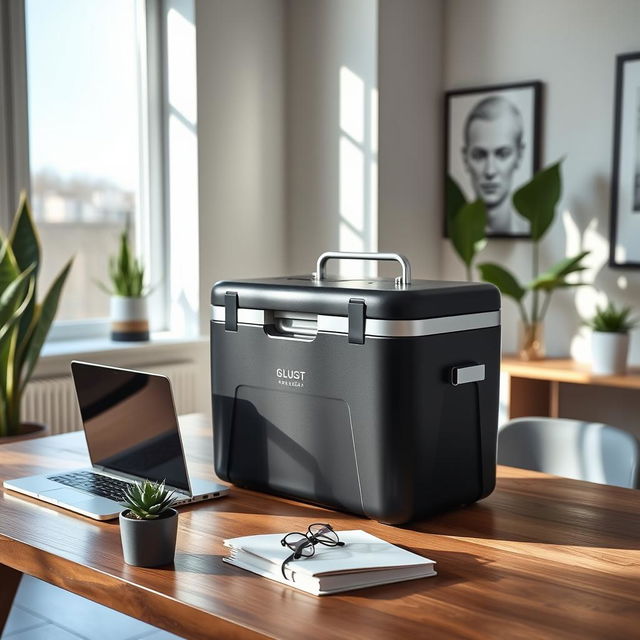 A sleek two-piece cooler designed for a stylish modern workspace, featuring a matte black finish with polished silver accents