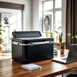 A sleek two-piece cooler designed for a stylish modern workspace, featuring a matte black finish with polished silver accents