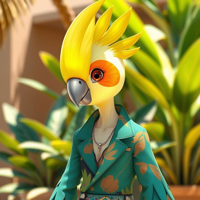 A humanoid character with features inspired by a cockatiel, featuring bright yellow feathers on the head shaped like a crest, vibrant orange cheek patches, and a slender, elegant build