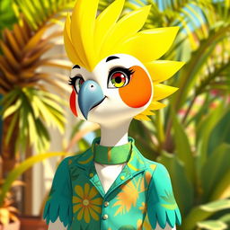 A humanoid character with features inspired by a cockatiel, featuring bright yellow feathers on the head shaped like a crest, vibrant orange cheek patches, and a slender, elegant build