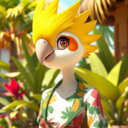 A humanoid character with features inspired by a cockatiel, featuring bright yellow feathers on the head shaped like a crest, vibrant orange cheek patches, and a slender, elegant build