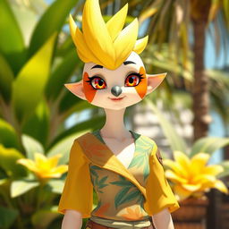 A humanoid character with features inspired by a cockatiel, featuring bright yellow feathers on the head shaped like a crest, vibrant orange cheek patches, and a slender, elegant build