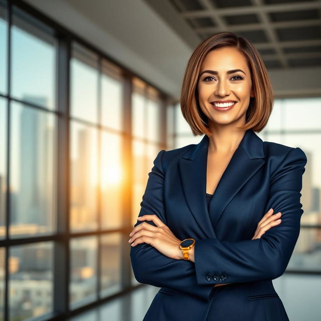 A stunning portrait of a confident businesswoman in a modern office setting, dressed in a tailored navy blue suit