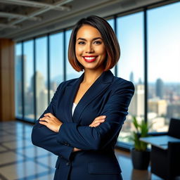 A stunning portrait of a confident businesswoman in a modern office setting, dressed in a tailored navy blue suit