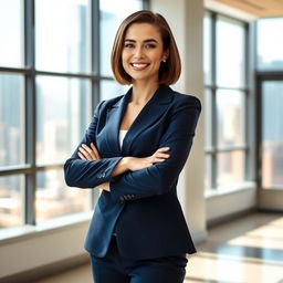 A stunning portrait of a confident businesswoman in a modern office setting, dressed in a tailored navy blue suit