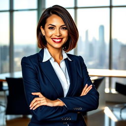 A stunning portrait of a confident businesswoman in a modern office setting, dressed in a tailored navy blue suit