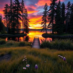 A beautiful landscape featuring a serene sunset over a calm lake surrounded by tall pine trees