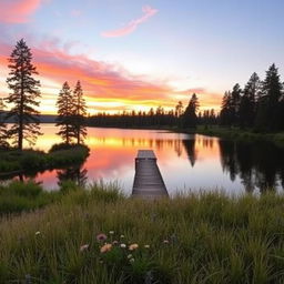 A beautiful landscape featuring a serene sunset over a calm lake surrounded by tall pine trees