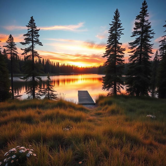 A beautiful landscape featuring a serene sunset over a calm lake surrounded by tall pine trees