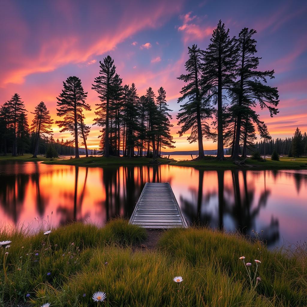 A beautiful landscape featuring a serene sunset over a calm lake surrounded by tall pine trees