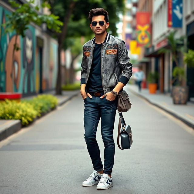 A stylish individual wearing modern attire, standing confidently in a vibrant urban setting