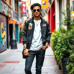 A stylish individual wearing modern attire, standing confidently in a vibrant urban setting