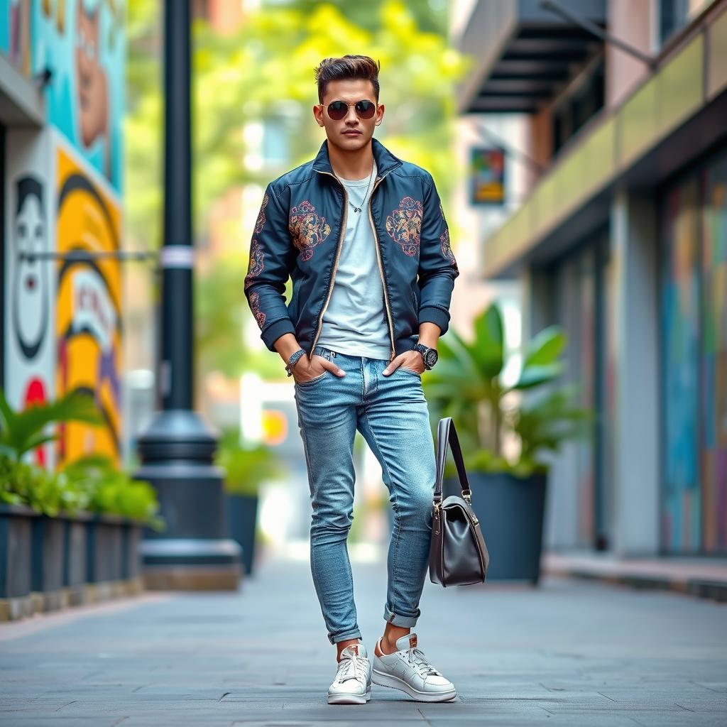 A stylish individual wearing modern attire, standing confidently in a vibrant urban setting