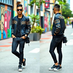 A stylish individual wearing modern attire, standing confidently in a vibrant urban setting