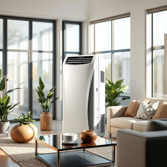 A sleek and modern two-piece air conditioner set in an elegant living room