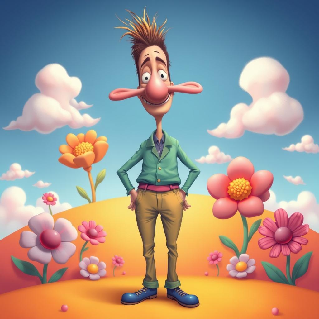 A whimsical and surreal illustration of a man with exaggeratedly long nipples, standing confidently in a vibrant, colorful setting