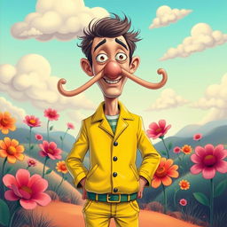 A whimsical and surreal illustration of a man with exaggeratedly long nipples, standing confidently in a vibrant, colorful setting
