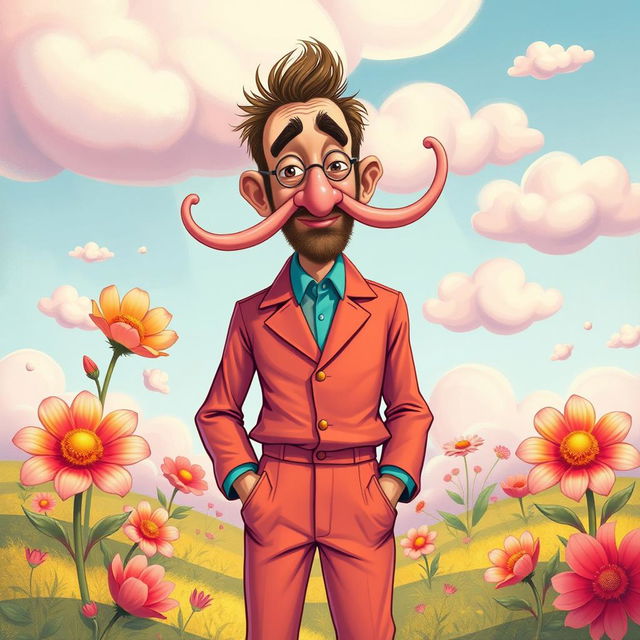 A whimsical and surreal illustration of a man with exaggeratedly long nipples, standing confidently in a vibrant, colorful setting