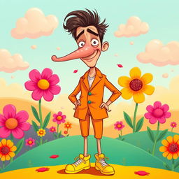A whimsical and surreal illustration of a man with exaggeratedly long nipples, standing confidently in a vibrant, colorful setting