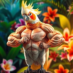 A muscular cockatiel bird standing proud and confident, showcasing its well-defined muscles under soft feathers