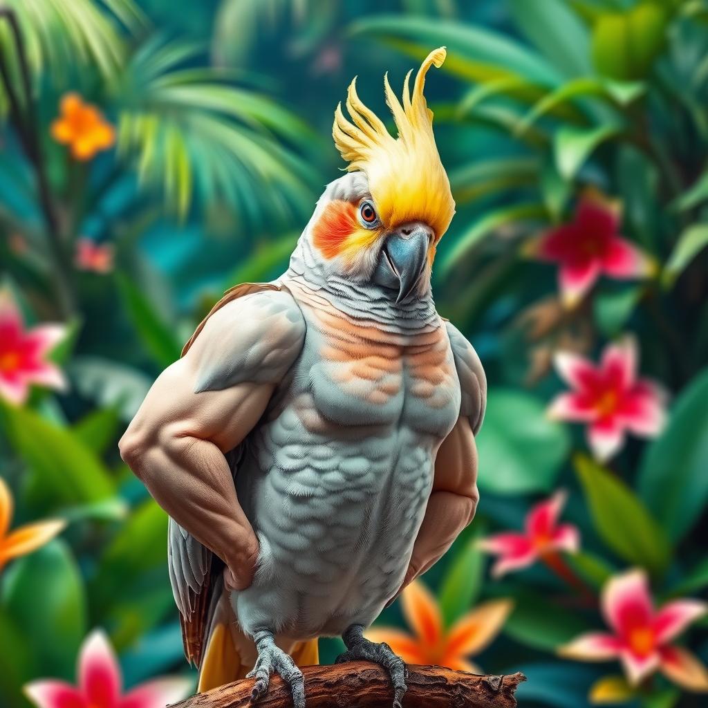 A muscular cockatiel bird standing proud and confident, showcasing its well-defined muscles under soft feathers