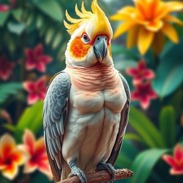 A muscular cockatiel bird standing proud and confident, showcasing its well-defined muscles under soft feathers