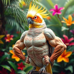 A muscular cockatiel bird standing proud and confident, showcasing its well-defined muscles under soft feathers