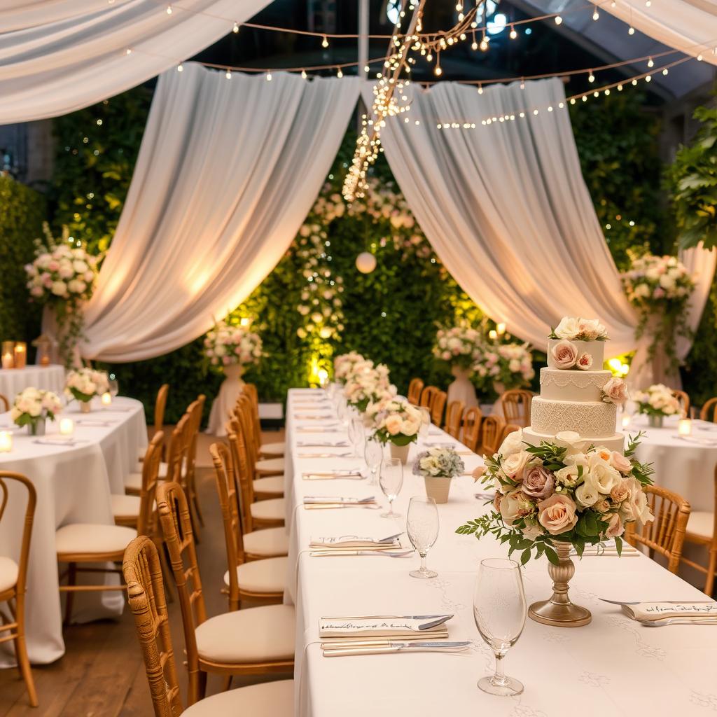 An elegant wedding decoration scene, featuring a beautifully set long table adorned with white tablecloths, delicate floral arrangements in soft pastel colors like blush pink, lavender, and cream, surrounded by vintage wooden chairs